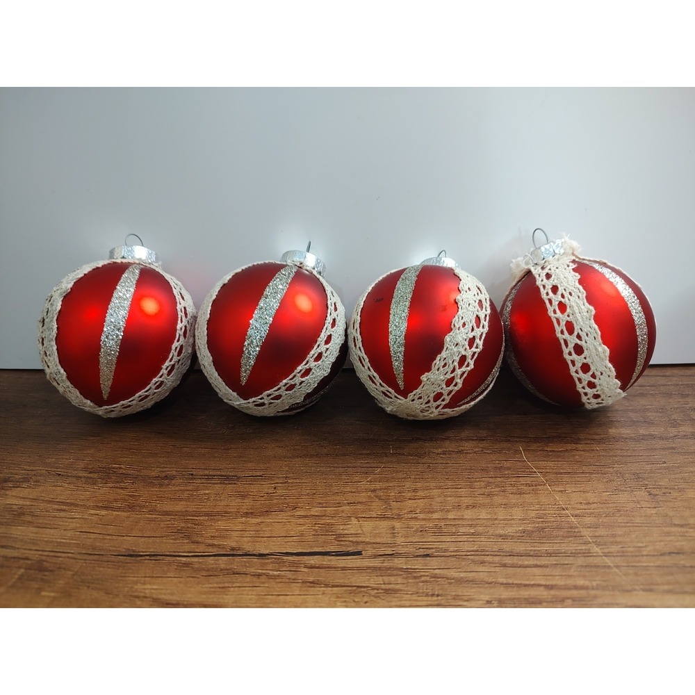 Vtg G&B Christmas Glass Ball Ornament Lot Of 4 Red Gold Glitter Beige Ribbon A17